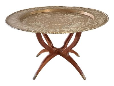 Mid-Century Dragons, Good Fortune and Faux Bamboo Brass Tray Table on Folding Spider Leg Wood Stand