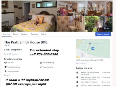 1 room x 11 nights$742.50  $67.50 average per night UTICA NEW YORK extended stay rental 701-300-0380