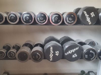 Free weights and storage rack.