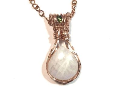 Copper Wrapped Moonstone Pendant with Green Crystal