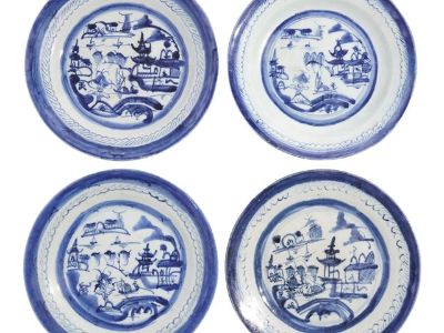 Set of 4 Chinese Export Canton Patterned Tea Plates, C. 1850-75