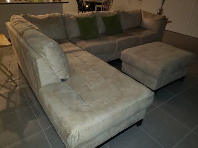 Sectional sofa, excellent condition, 3 pc., beige  microfiber, dark mahogany wood legs