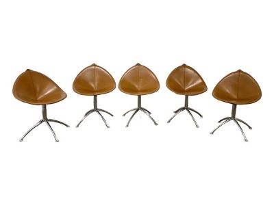 1990s Vintage Italian Modern Leather & Chrome Fiorile Swivel Chairs by Fasem - Set of 5