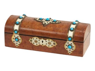 Antique Napoleon III Burl Walnut Turquoise Cabachon Glove Box