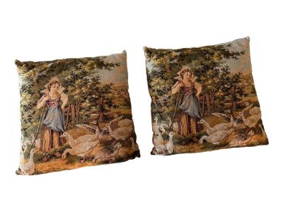 1990s Tapestry Girl and Goose Pillows with Velvet Backs- Set of 2