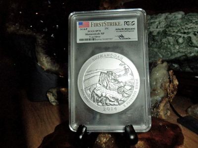 2014-P First Strike PCGS SP 70 SHENANDOAH NATIONAL PARK 5 oz. SILVER QUARTER with JOHN M. MERCANTI