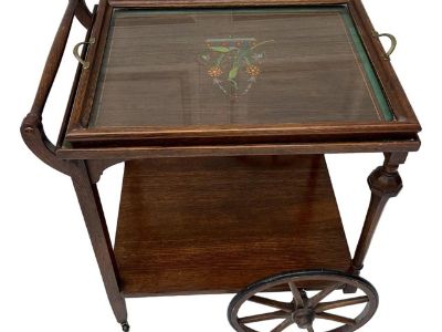 Early 20th Century Painted Motif Antique Tea Cart With Removable Serving Tray