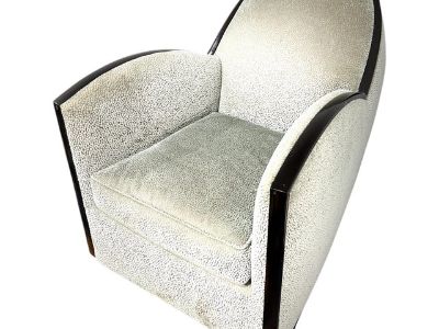 French Art Deco–Style Club Chair With Macassar Trim & Leopard Fabric – In the Style of Jules Leleu