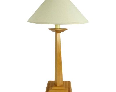 1990s Handcrafted Modern Fir Wood Table Lamp With Tiered Base Shade Included
