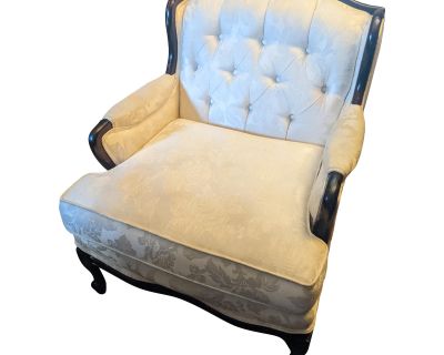 Mid 20th Century Louis XV Style Walnut Carved Armchair Bergère in Ivory Brocade