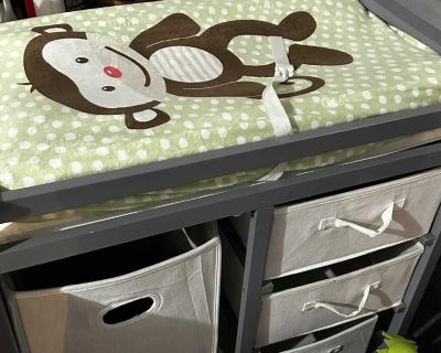 Modern Baby Changing Table with Laundry Hamper, 3 Storage Baskets, and Pad