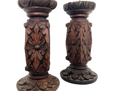 Mid 20th Century Folk Art Carved Wood Candleholders - Pair