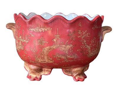 Red Chinoiserie Scalloped Footed Cachepot Planter Handpainted