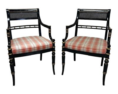 Pair of Late 20th Century Hickory Hollywood Regency Black Lacquered Cane Back Arm Chairs