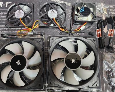 5 PC Case Fans - two 120mm, two 80mm, and one 60mm with extension cables and hardware