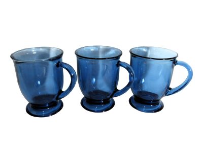 Vintage Anchor Hocking Blue Hot Drink Glass Mugs- Set of 3