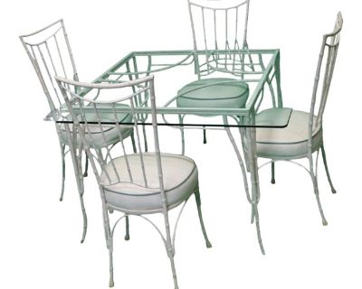 Mid 20th Century Faux Bamboo Cast Aluminum Garden Dining Table Base & 4 Chairs