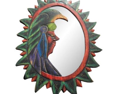 1980s Carved Wood Southwestern Design Sunburst Distressed Wall Mirror