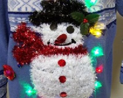 Light Up Snowman Ugly Christmas Sweater 16W Gaudy Tinsel Garland Blues LED in Tulsa, OK