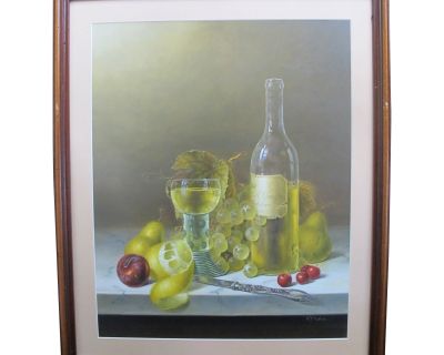 Roy Hodrien Still Life White Wine & Fruit Mixed Media Framed Art Painting