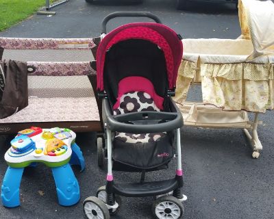 Baby stroller, Winnie the pooh bassinet, Graco playpen and an activity table, $60, 12709019177