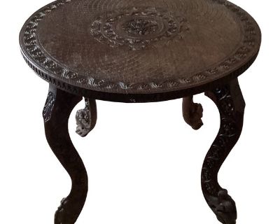 1960s Vintage Anglo-Indian Hand Crafted Hardwood Round Side Table Carved Legs & Top