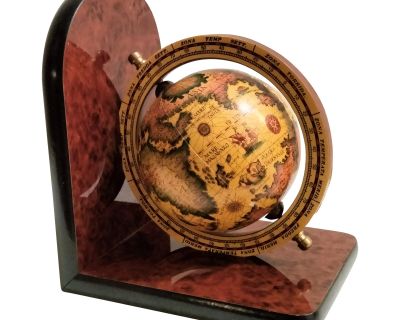 Vintage World Globe Bookend With Lacquard Wood Base