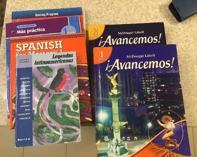 "Avancemos" levels one and two--unused. No writing in these books. Also workbooks and leyendas latinoamericanas.