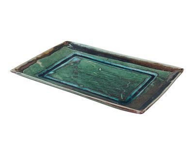 Mid-Century California Studio Pottery Trinket Dish in Green With Blue Detail