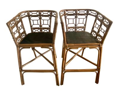 Vintage Bamboo Rattan & Wicker Bar Stools-A Pair