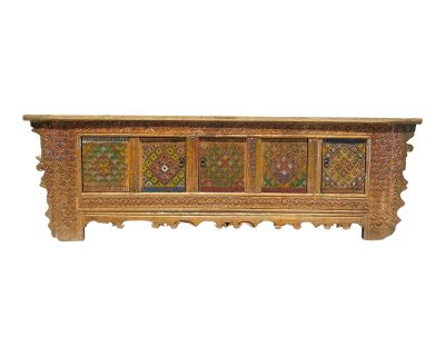 Oriental Vintage Color Geometric Carving Rough Low Tv Table Cabinet