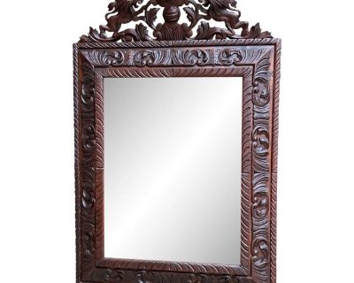 Antique French Pier Wall Mirror Renaissance Black Forest Lion Crest Carved Oak C1880
