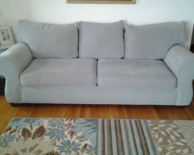 couch, very pale blueish/green color, great condition. 6ft...(8ft including arm rests)