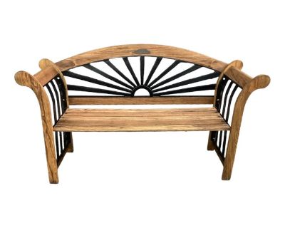 Vintage garden bench made from cast iron and American oak. Sunburst backrest with flaired arms. Included is an American oak side table with underneath shelf.. Dimensions 62 W 24 D 36 H Styles American Number of Seats 2 Period Mid 20th Century Country of Origin United States Item Type Vintage, Antique or Pre-owned Shop Sustainably with Chairish Materials Cast Iron Oak Condition Good Condition, O...