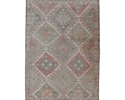 Vintage Turkish Embroidered Kilim Rug with Geometric Diamond Design. rug EN-179940, Keivan Woven Arts / country of origin / type: Turkey / Kilim, circa 1950. Measures: 6'3 x 10'4 Embroidered vintage flat weave rug from Turkey in shades of multi colors with geometric pattern.. Dimensions 6 3 10 4 and 0.1 thick Styles Traditional Tribal Turkish Rug Construction Flatweave Pattern Geometric Period ...