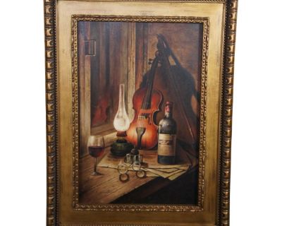 Musician at Night Violin Wine Still Life Oil Painting on Canvas 47"