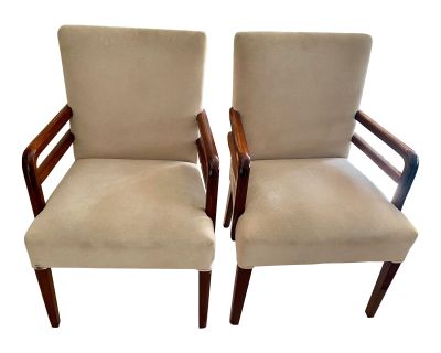 1940s Pair of Art Deco Mahogany Upholstered Chairs With Mahogany Wood Double Arms