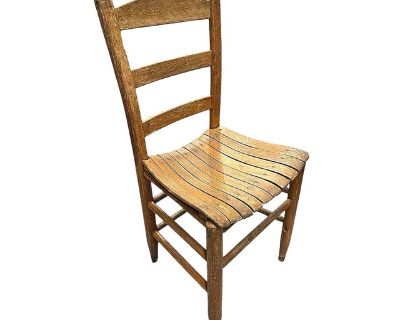 Antique Weathered Ladder Back Slat Seat Wooden Side Chair