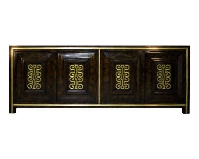 1970s Vintage Mastercraft William Doezema Burled Amboyna Wood and Brass Credenza