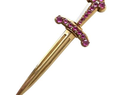 1950s Paul Lackritz Rose Gold Ruby Sword Pin with Original Box