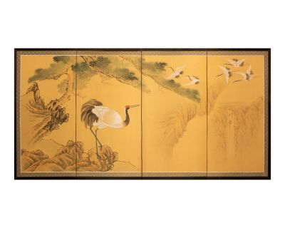 1970s Shōwa Era Japanese Silk Byobu Screen With Red-Crowned Cranes