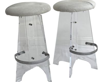 1970’s Lucite and Cowhide Bar Stools - a Pair