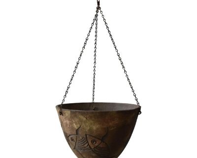 Vintage Paolo Soleri Carved Pottery Hanging Vessel With Fish Motif, Circa 1970s