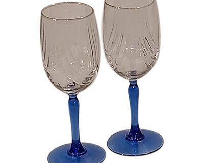 Vintage Lenox Blue Stem Crystal Wine Glasses With Dual Swag Draped and Gold Rim- Set of 2