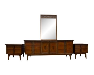 1960s Bassett “Mayan” Mid-Century Modern Vintage Long Lowboy Dresser With Mirror and Matching Nightstands - Set of 4
