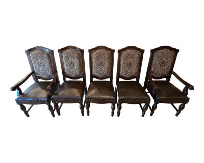 Spanish Colonial Leather Tapestry Dining Side Chairs - Set of 5