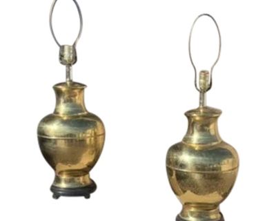 pair of beautiful Gold brass vintage lamps with some patina at bottom edge consistent with its age. working condition as shown - no shades so you can better dress them to your unique style.. Dimensions 11 W 11 D 23 L Styles Chinoiserie Lamp Shade Not Included Period Mid 20th Century Country of Origin China Item Type Vintage, Antique or Pre-owned Shop Sustainably with Chairish Materials Brass Go...