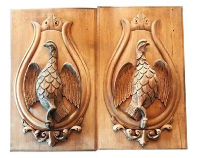Antique Early 20th Century Carved Wood Panels With Sporting Theme - a Pair