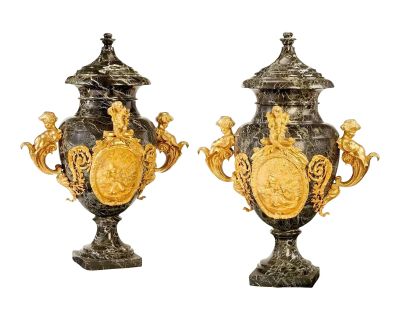 Tall Huge Pair of Late 19th Century Marble Gilt-Bronze Floor Urns