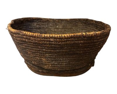 Early 20th Century Aged African Hide Basket; Nupe Woven Basket With Hide Detail